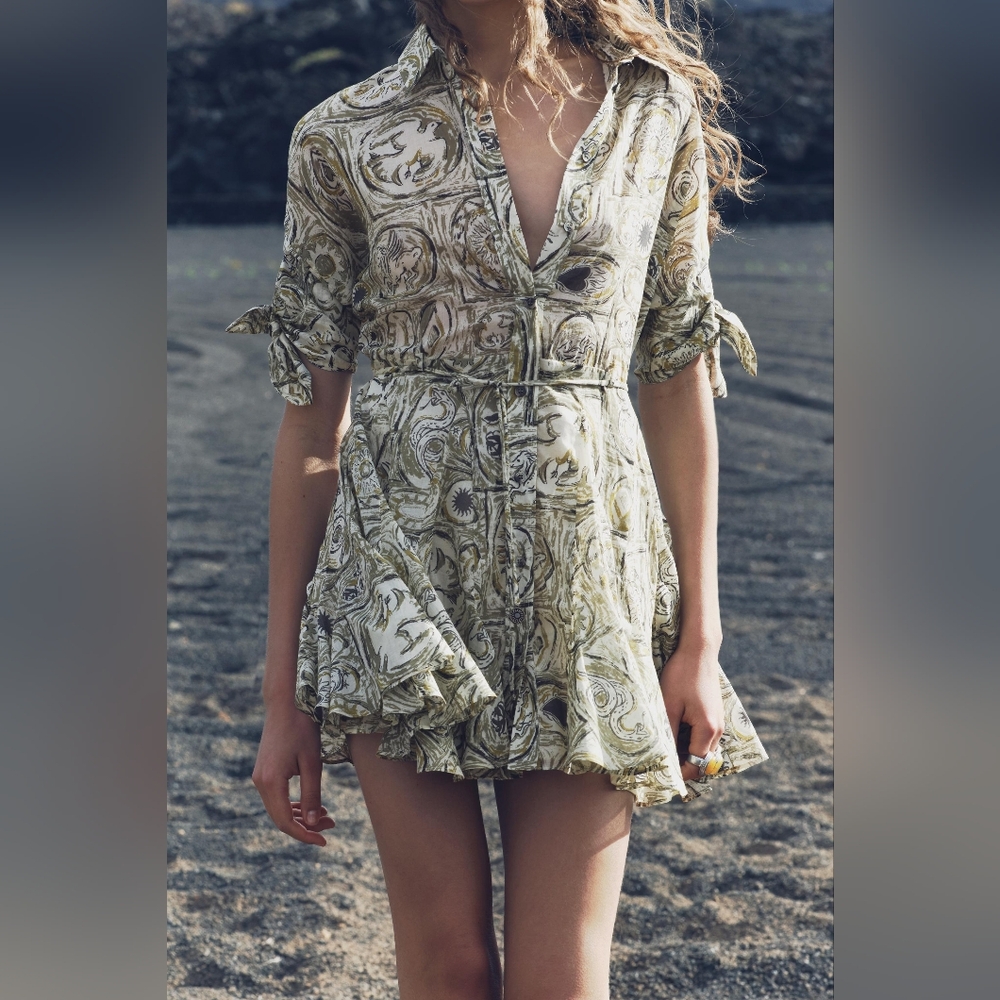 Zara Artistic Print Mini Dress in Cream and Brown